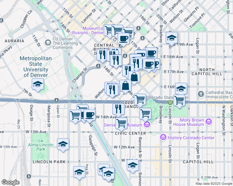 map of restaurants, bars, coffee shops, grocery stores, and more near 1320 Glenarm Place in Denver