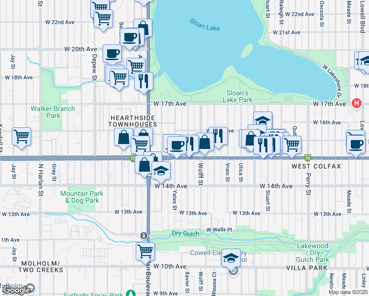 map of restaurants, bars, coffee shops, grocery stores, and more near 1555 Xavier Street in Denver