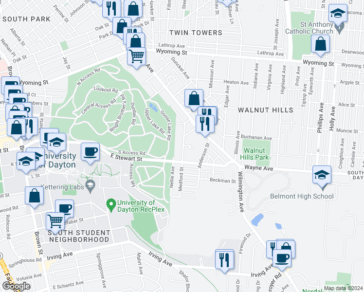 map of restaurants, bars, coffee shops, grocery stores, and more near 153 Medford Street in Dayton