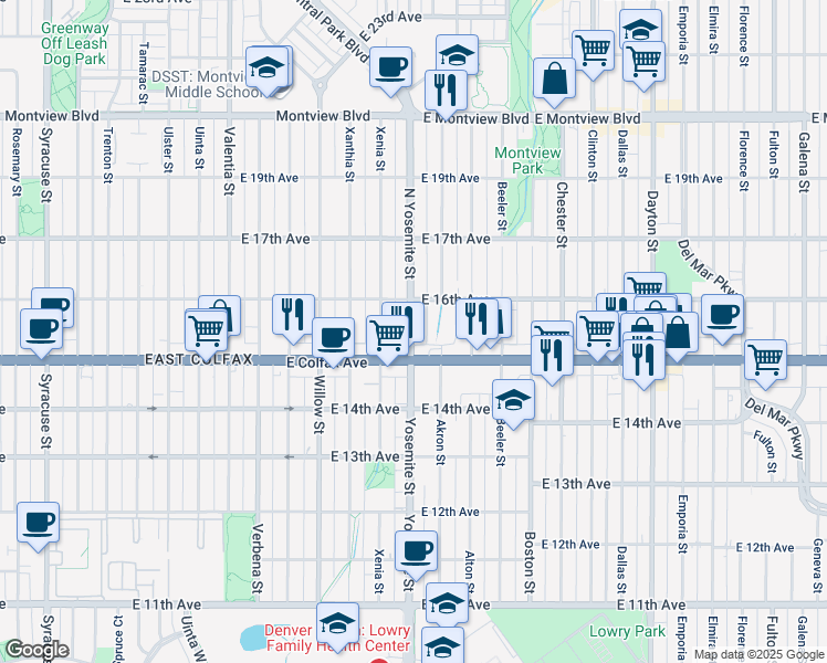 map of restaurants, bars, coffee shops, grocery stores, and more near 1546 Yosemite Street in Denver