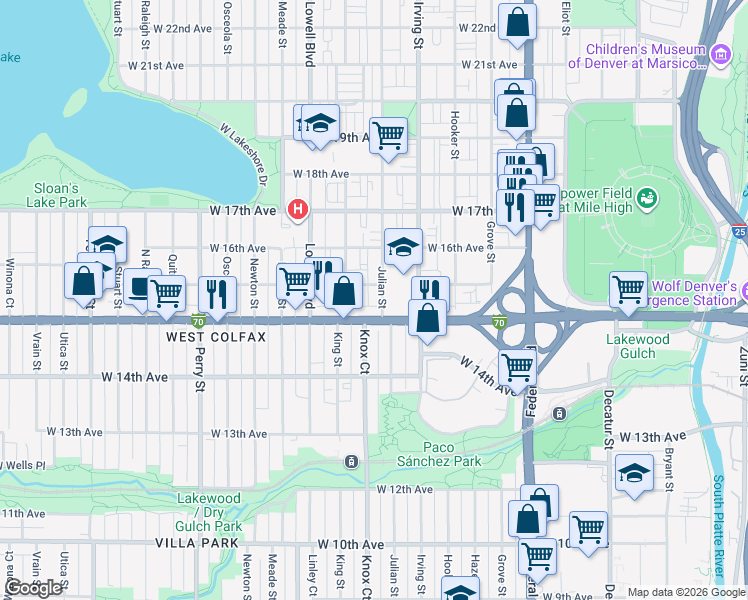 map of restaurants, bars, coffee shops, grocery stores, and more near 1525 Julian Street in Denver