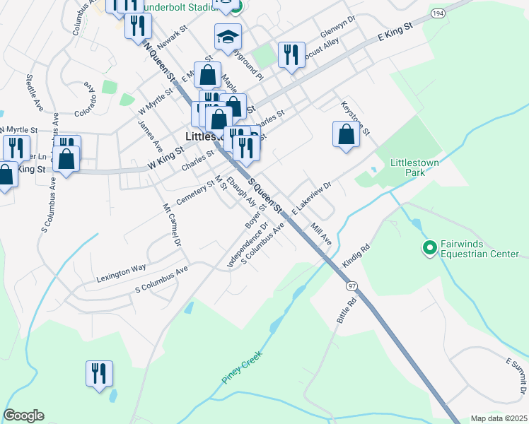map of restaurants, bars, coffee shops, grocery stores, and more near 12 Boyer St in Littlestown