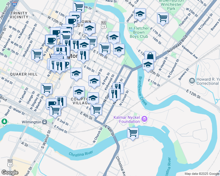 map of restaurants, bars, coffee shops, grocery stores, and more near 829 North Spruce Street in Wilmington