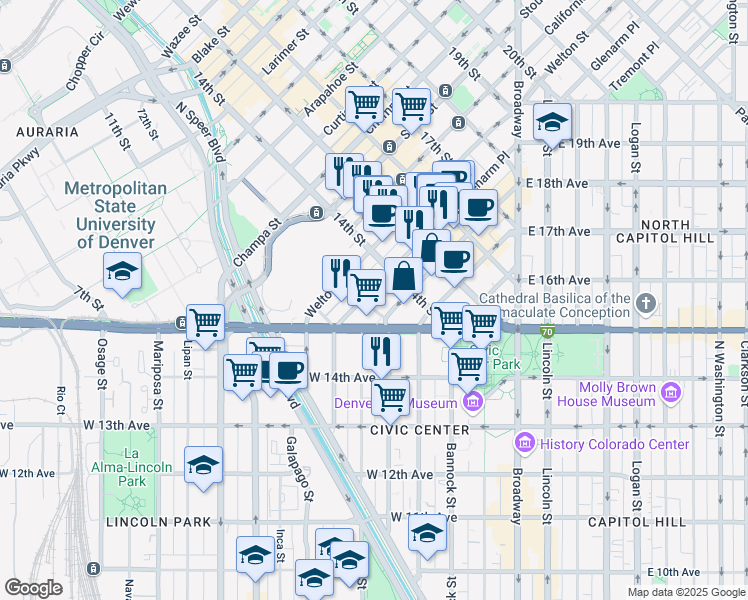 map of restaurants, bars, coffee shops, grocery stores, and more near 1320 Glenarm Place in Denver