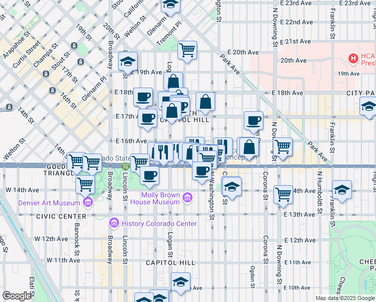 map of restaurants, bars, coffee shops, grocery stores, and more near 1550 Pennsylvania Street in Denver
