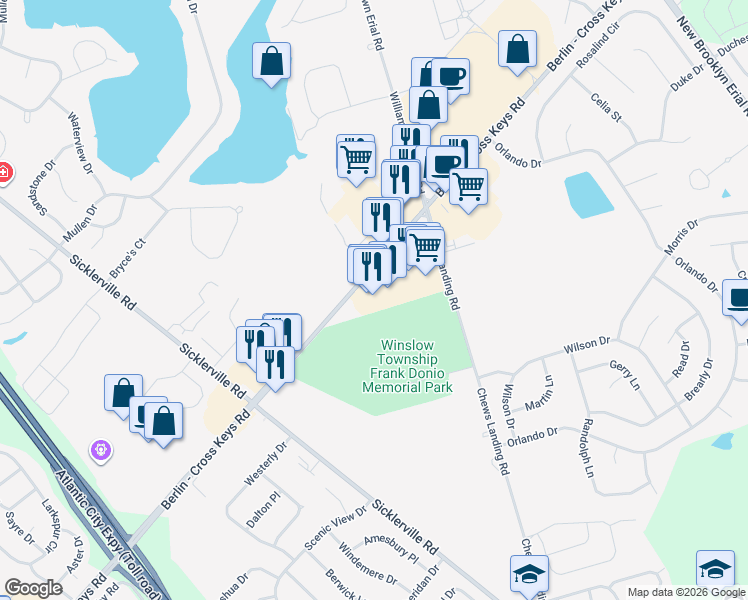 map of restaurants, bars, coffee shops, grocery stores, and more near 542 Berlin-Cross Keys Road in Sicklerville