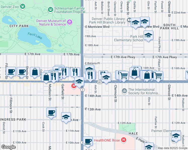 map of restaurants, bars, coffee shops, grocery stores, and more near 1540 Albion Street in Denver