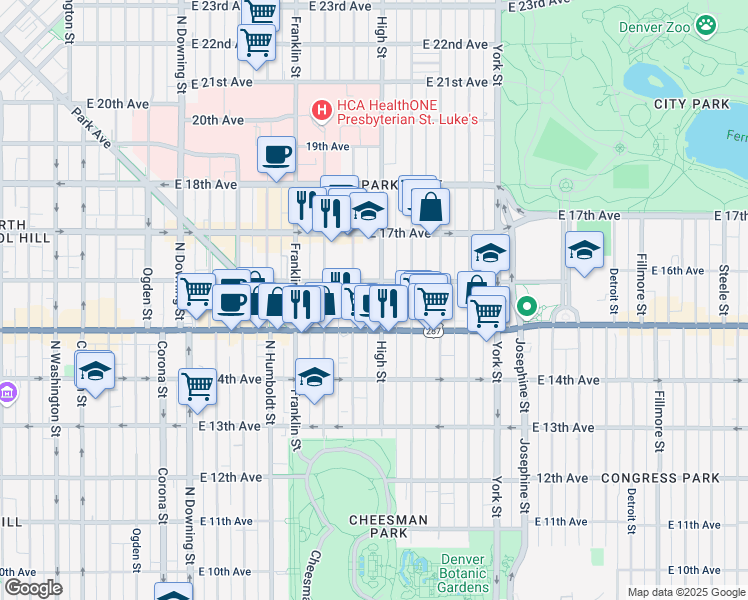 map of restaurants, bars, coffee shops, grocery stores, and more near 1546 North Williams Street in Denver