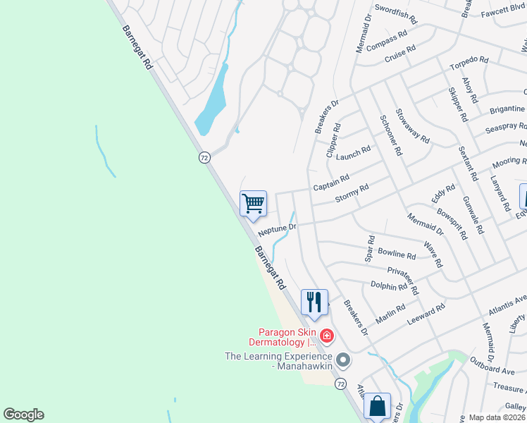 map of restaurants, bars, coffee shops, grocery stores, and more near 108 Mallard Road in Stafford Township
