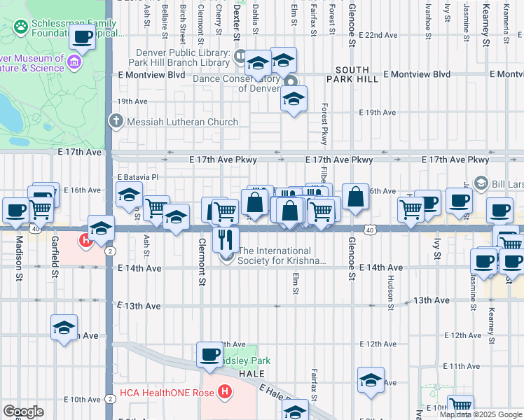 map of restaurants, bars, coffee shops, grocery stores, and more near 1545 Eudora Street in Denver