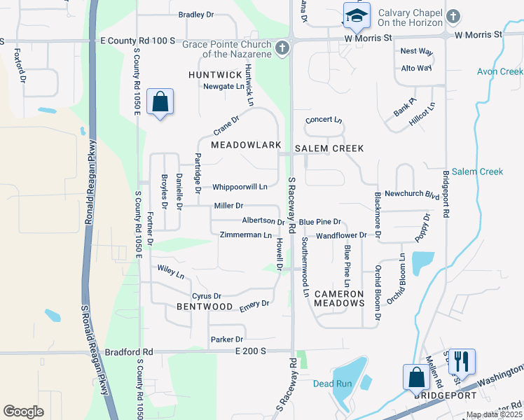 map of restaurants, bars, coffee shops, grocery stores, and more near 10903 Miller Drive in Indianapolis