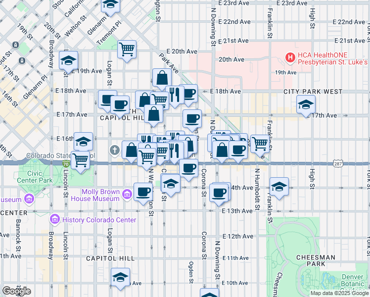 map of restaurants, bars, coffee shops, grocery stores, and more near 1554 Emerson Street in Denver