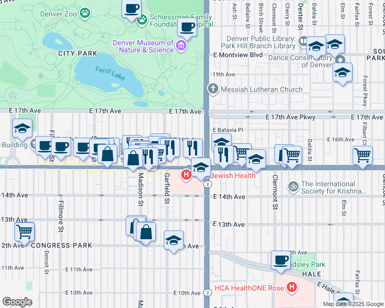 map of restaurants, bars, coffee shops, grocery stores, and more near 1548 Harrison Street in Denver