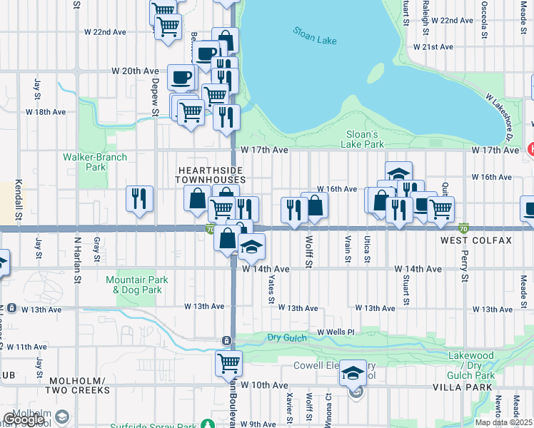 map of restaurants, bars, coffee shops, grocery stores, and more near 1525 Yates Street in Denver