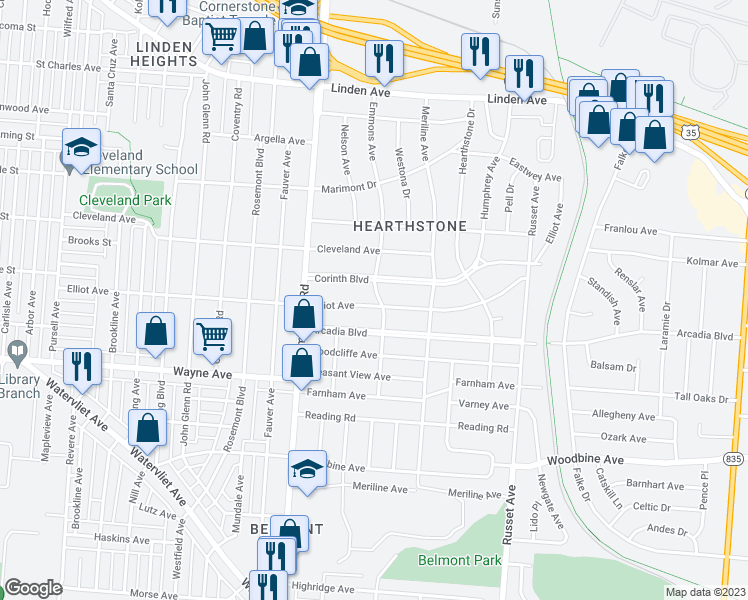 map of restaurants, bars, coffee shops, grocery stores, and more near 4141 Elliot Avenue in Dayton