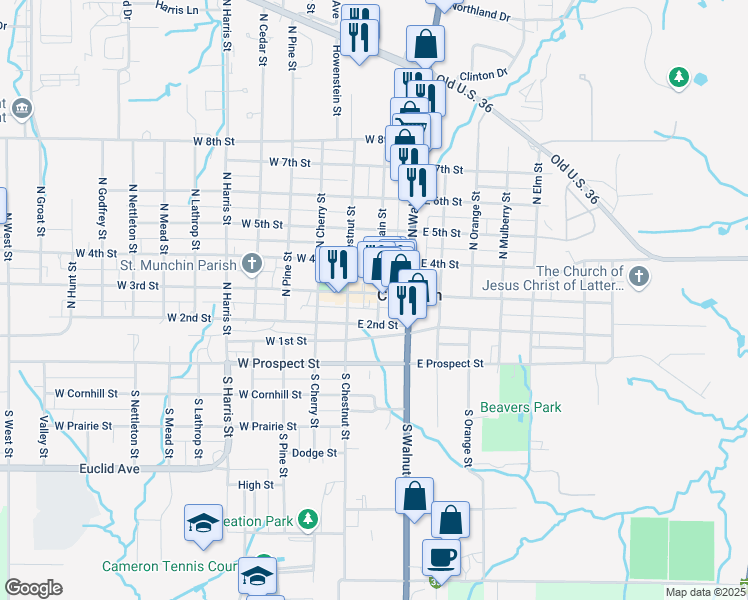 map of restaurants, bars, coffee shops, grocery stores, and more near 124 East 3rd Street in Cameron