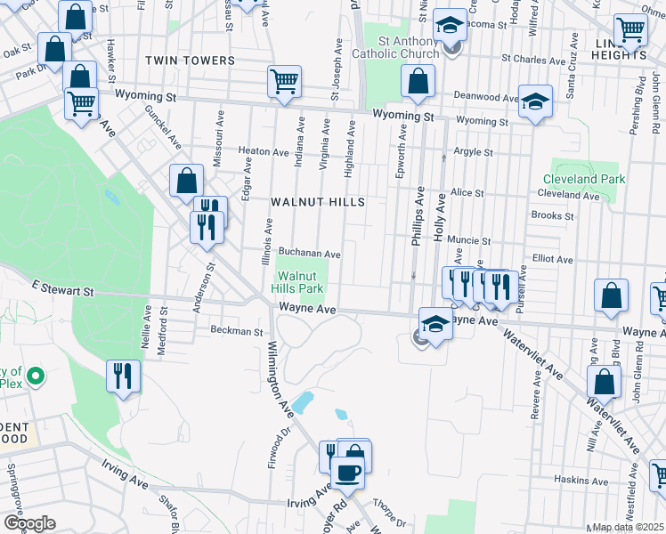 map of restaurants, bars, coffee shops, grocery stores, and more near 1317 Highland Avenue in Dayton