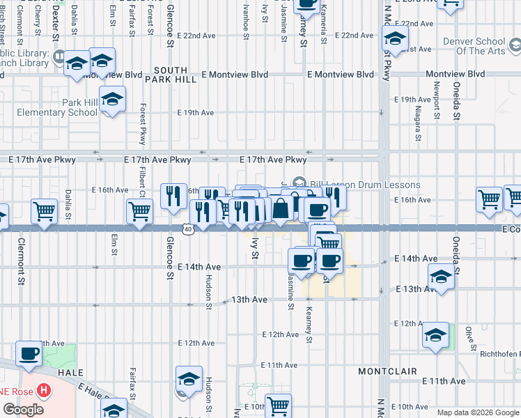 map of restaurants, bars, coffee shops, grocery stores, and more near 1543 Ivy Street in Denver