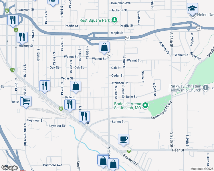 map of restaurants, bars, coffee shops, grocery stores, and more near 2634 South 22nd Street in Saint Joseph