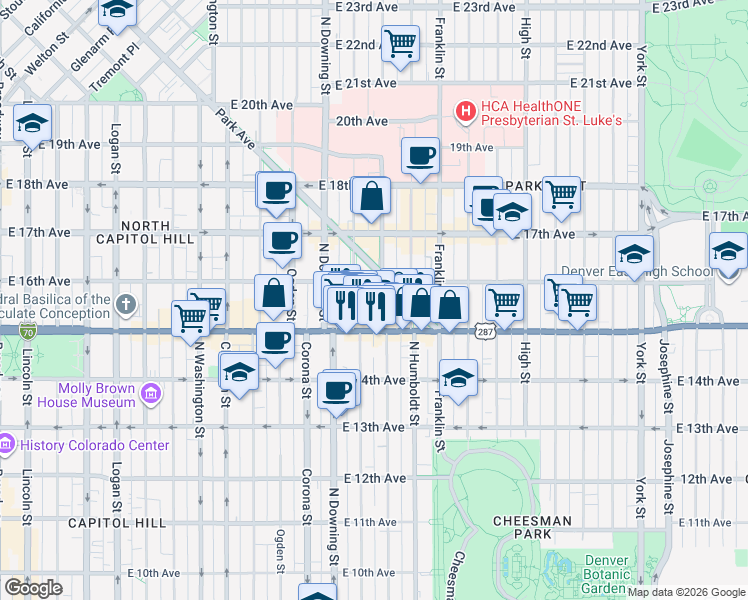 map of restaurants, bars, coffee shops, grocery stores, and more near 1555 Lafayette Street in Denver