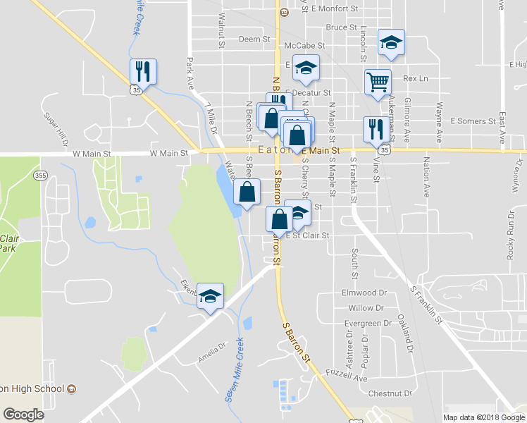 map of restaurants, bars, coffee shops, grocery stores, and more near 115 W Israel St in Eaton