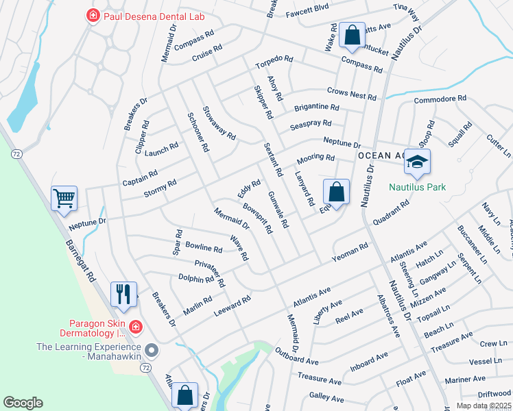 map of restaurants, bars, coffee shops, grocery stores, and more near 156 Bowsprit Road in Stafford Township