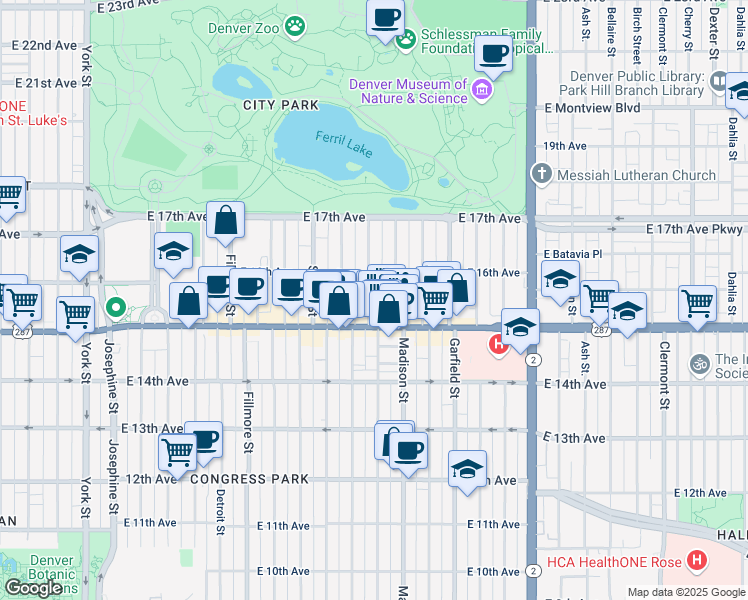 map of restaurants, bars, coffee shops, grocery stores, and more near 1548 Cook Street in Denver