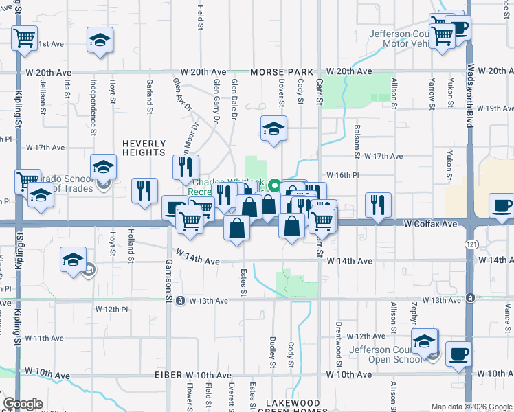 map of restaurants, bars, coffee shops, grocery stores, and more near 1520 Dudley Street in Lakewood
