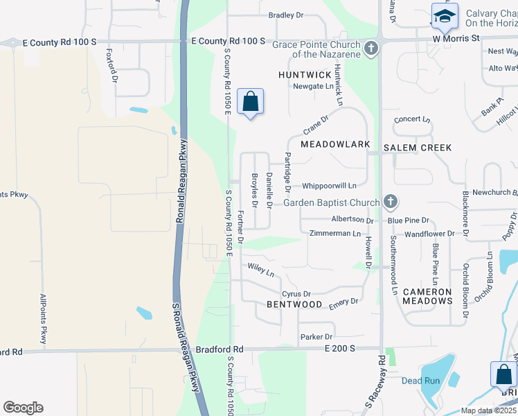map of restaurants, bars, coffee shops, grocery stores, and more near 1543 Broyles Drive in Indianapolis