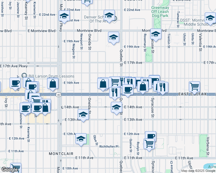 map of restaurants, bars, coffee shops, grocery stores, and more near 1544 Pontiac Street in Denver