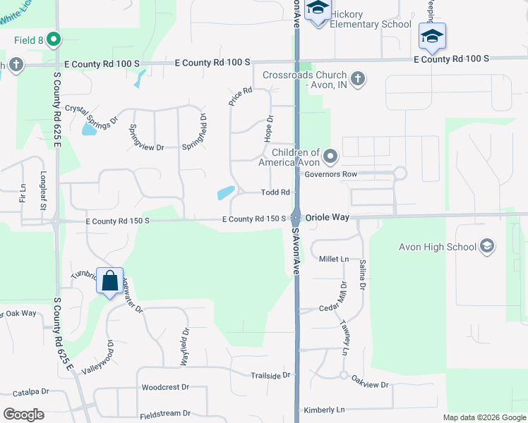 map of restaurants, bars, coffee shops, grocery stores, and more near 6922 East County Road 150 South in Avon