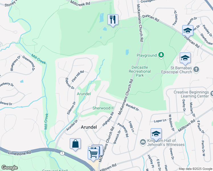 map of restaurants, bars, coffee shops, grocery stores, and more near 1102 Arundel Drive in Wilmington