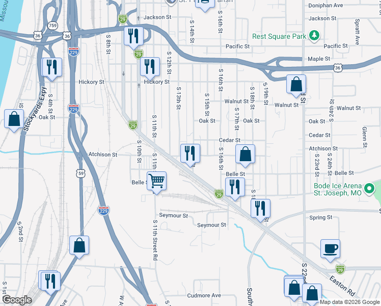 map of restaurants, bars, coffee shops, grocery stores, and more near 1323 Atchison Street in St. Joseph
