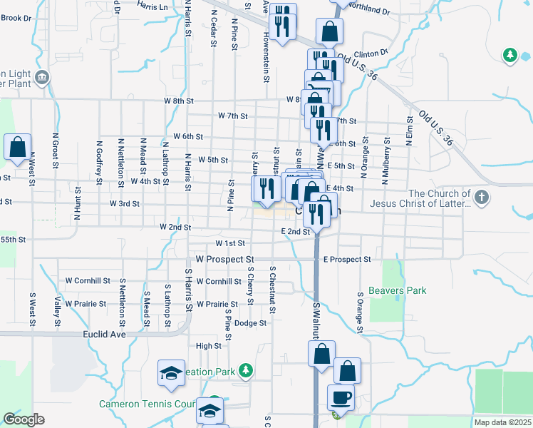 map of restaurants, bars, coffee shops, grocery stores, and more near 125 West 3rd Street in Cameron