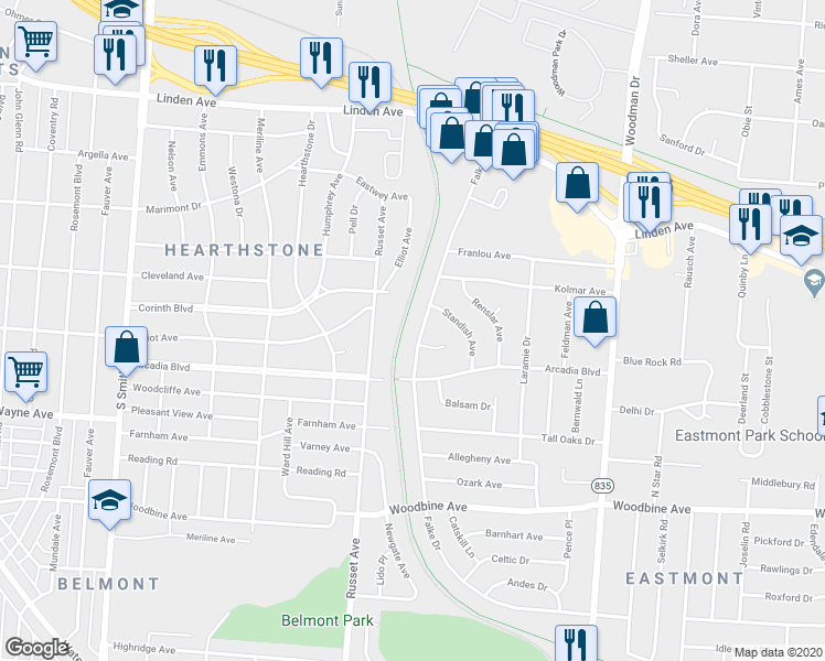 map of restaurants, bars, coffee shops, grocery stores, and more near 1373 Falke Drive in Dayton