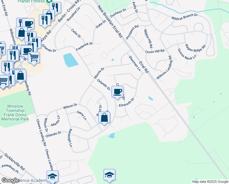 map of restaurants, bars, coffee shops, grocery stores, and more near 104 Orlando Drive in Sicklerville