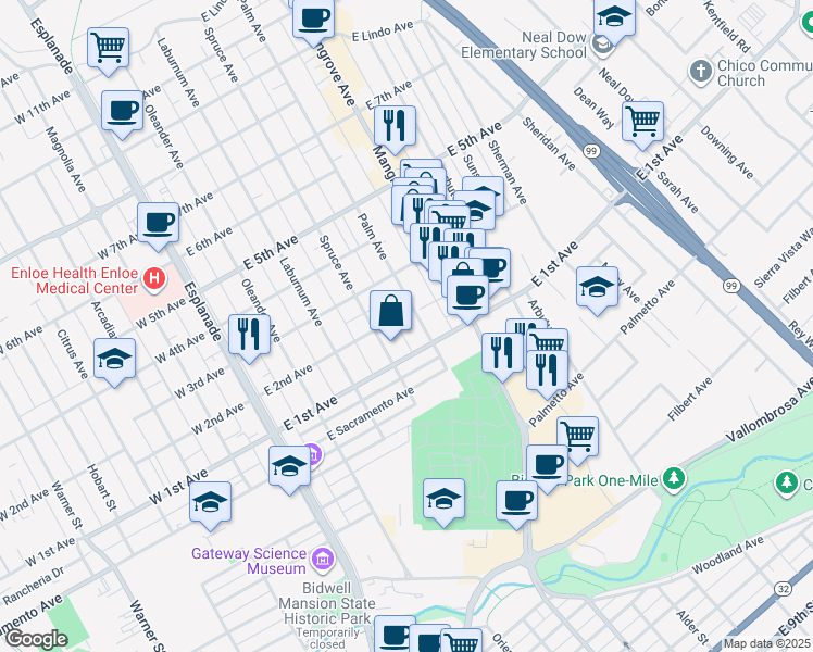 map of restaurants, bars, coffee shops, grocery stores, and more near 483 East 2nd Avenue in Chico