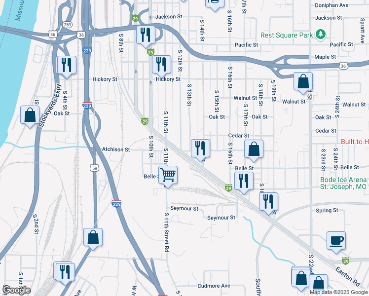 map of restaurants, bars, coffee shops, grocery stores, and more near 1205 Atchison Street in Saint Joseph