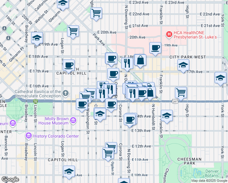 map of restaurants, bars, coffee shops, grocery stores, and more near 1548 North Ogden Street in Denver