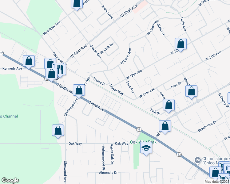 map of restaurants, bars, coffee shops, grocery stores, and more near 2257 Moyer Way in Chico