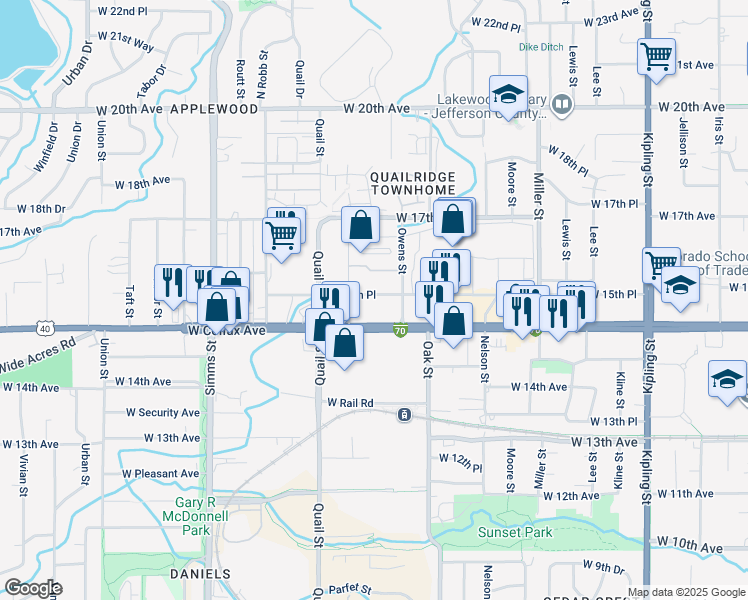 map of restaurants, bars, coffee shops, grocery stores, and more near 11082 West 15th Place in Lakewood
