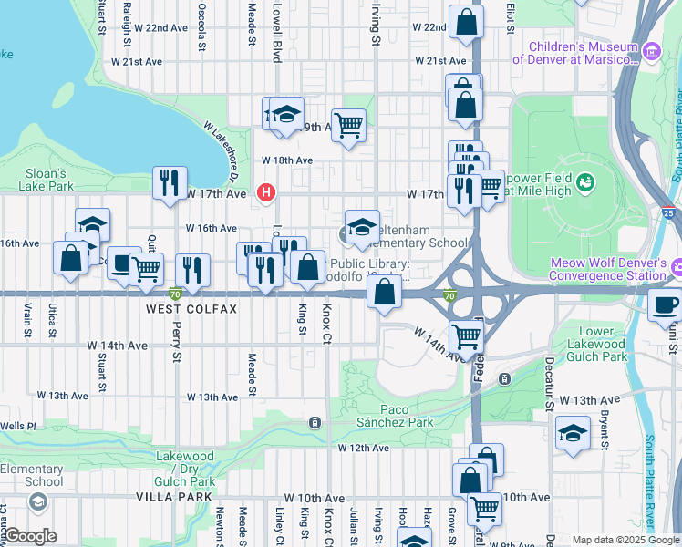 map of restaurants, bars, coffee shops, grocery stores, and more near 1525 Julian Street in Denver