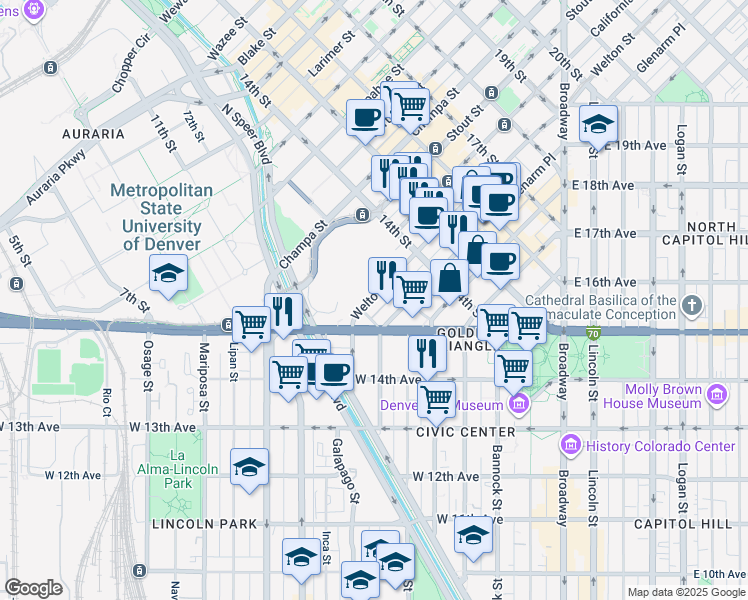 map of restaurants, bars, coffee shops, grocery stores, and more near 1208 Welton Street in Denver