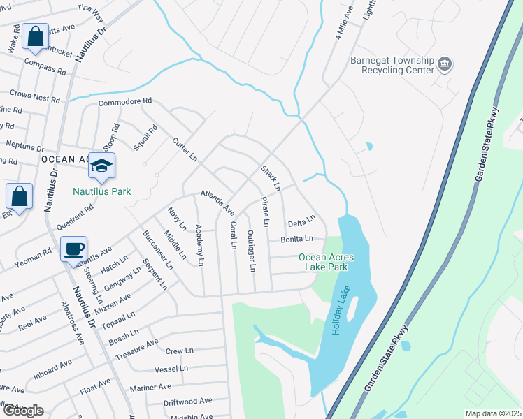 map of restaurants, bars, coffee shops, grocery stores, and more near 540 Pirate Lane in Stafford Township