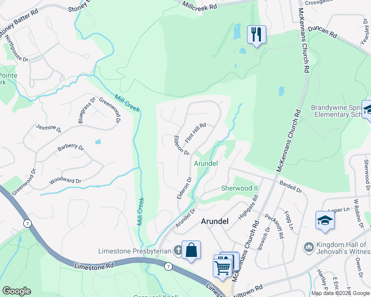 map of restaurants, bars, coffee shops, grocery stores, and more near 1120 Flint Hill Road in Wilmington