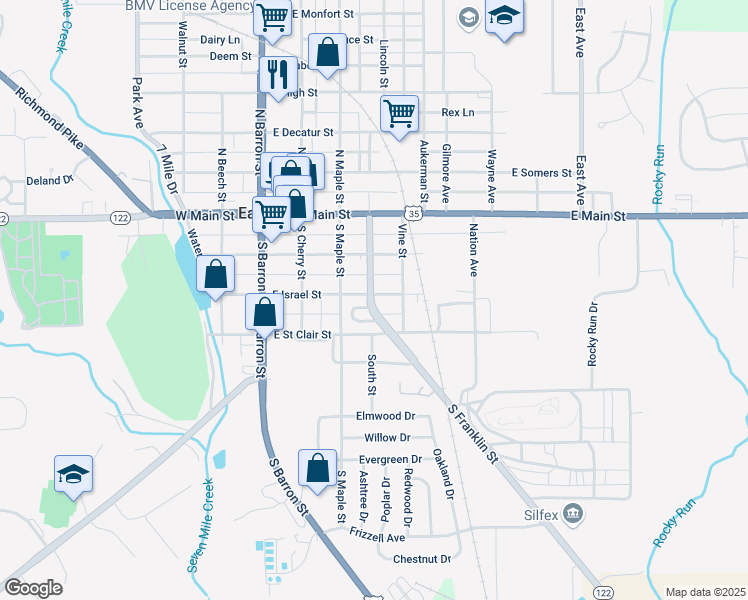 map of restaurants, bars, coffee shops, grocery stores, and more near 300 S Franklin St in Eaton