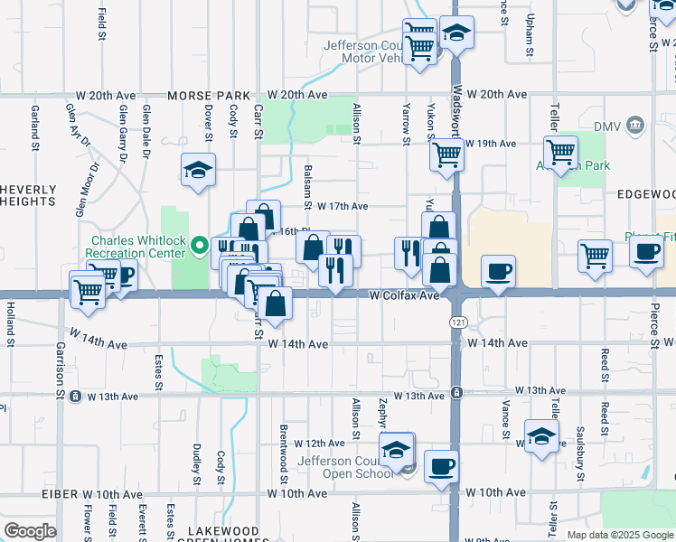 map of restaurants, bars, coffee shops, grocery stores, and more near 8055 West Colfax Avenue in Lakewood
