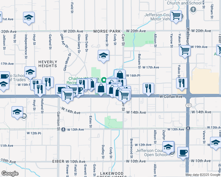 map of restaurants, bars, coffee shops, grocery stores, and more near 1530 Dover Street in Lakewood