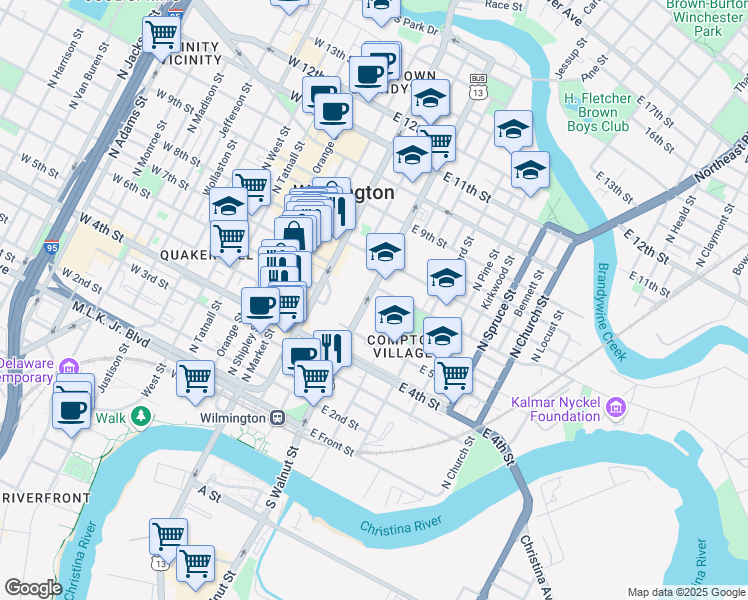 map of restaurants, bars, coffee shops, grocery stores, and more near 504 North Walnut Street in Wilmington