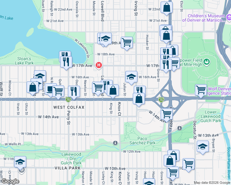 map of restaurants, bars, coffee shops, grocery stores, and more near 1530 King Street in Denver